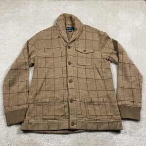 Polo Ralph Lauren Cardigan Sweater Mens L Brown Shawl Collar Glen Plaid Wool